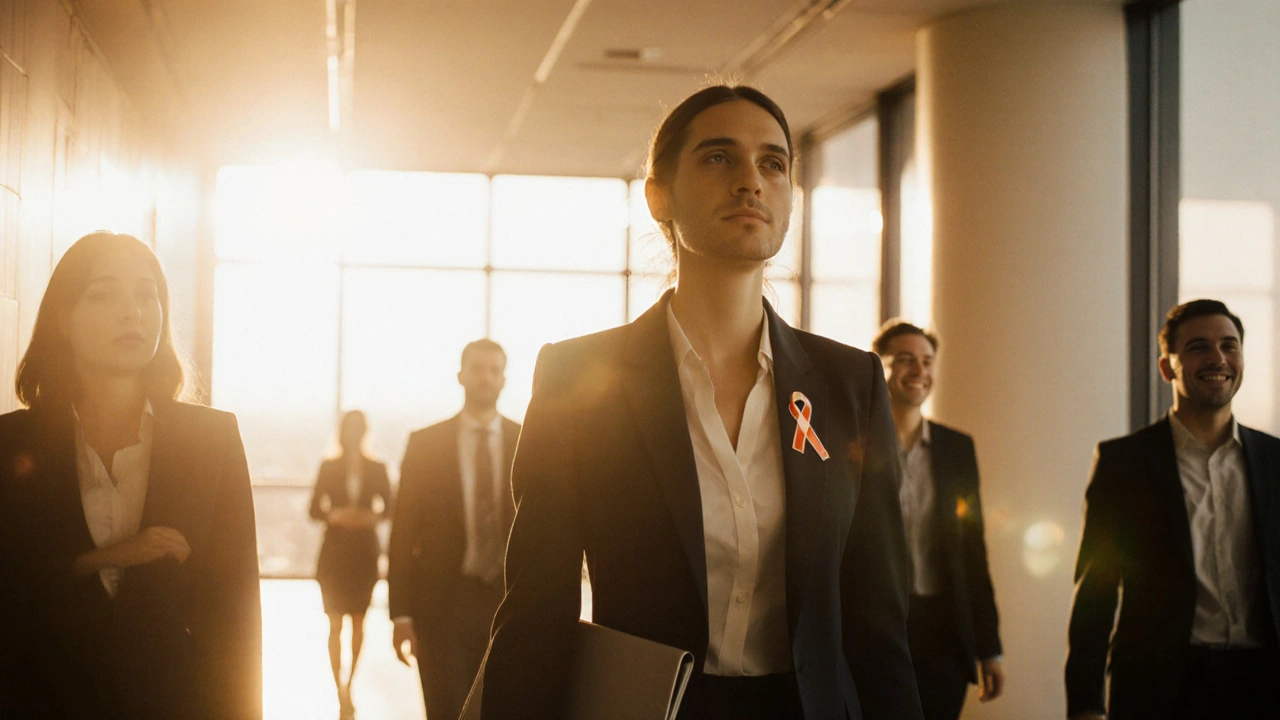 A confident woman walks down an office corridor, greeted by supportive colleagues as sunlight filters in.