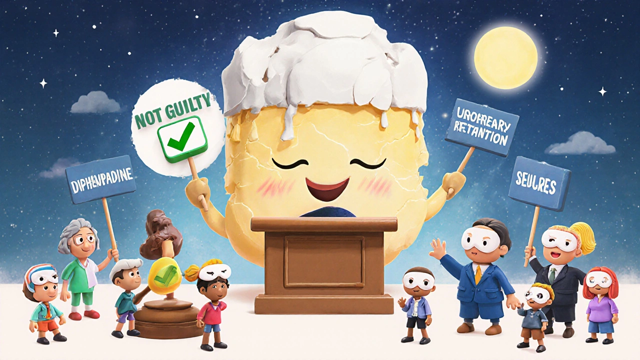 A giant pill on trial surrounded by health risks, judged by symbols of sleep and safety.