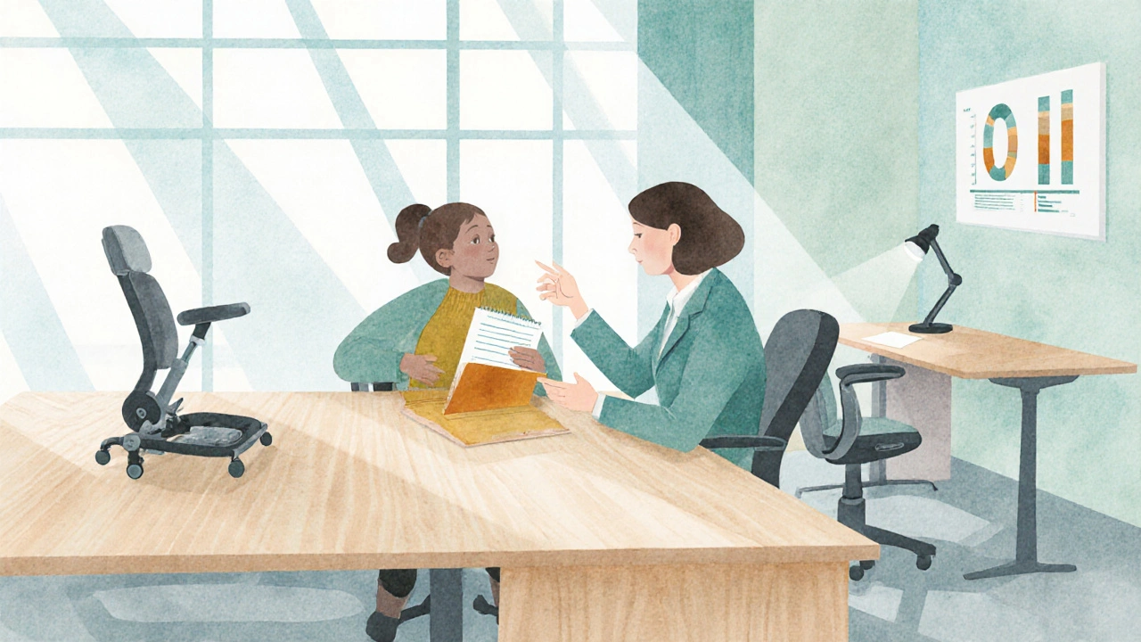 A woman discusses workplace accommodations with an HR representative in a bright meeting room.