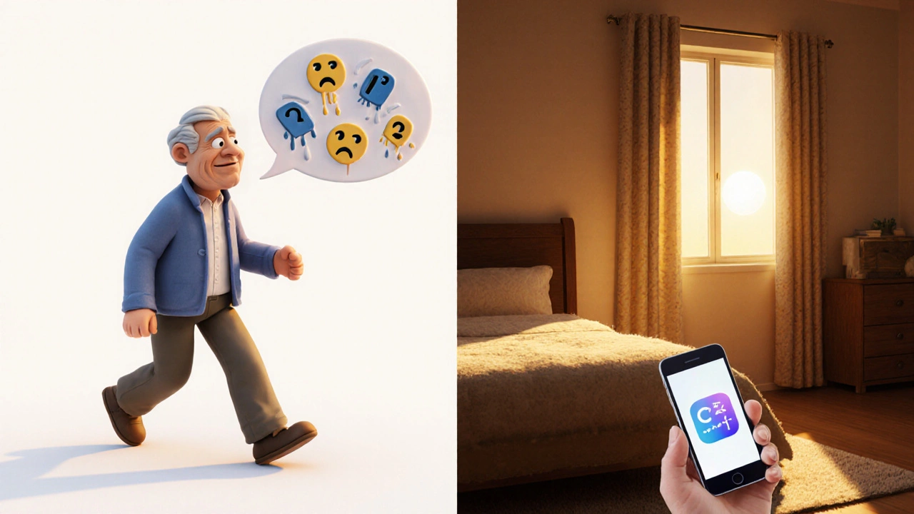 An elderly person struggling with confusion next to someone peacefully using melatonin.