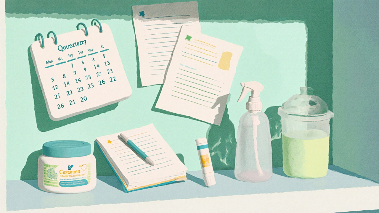Bathroom shelf with moisturizer, hydrocortisone tube, water spray, and journal for eczema management.