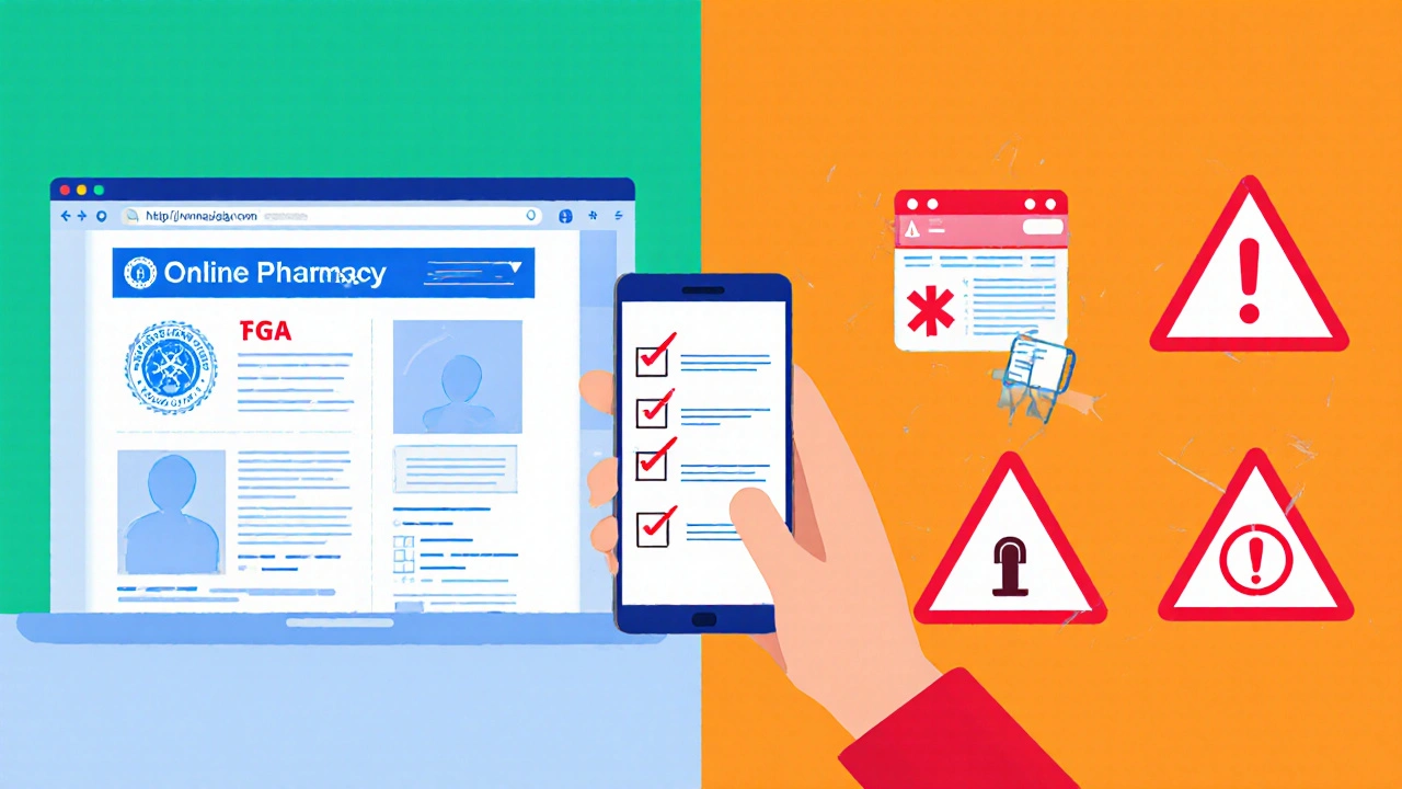 Checklist graphic showing trusted pharmacy credentials and warning signs for counterfeit sites.