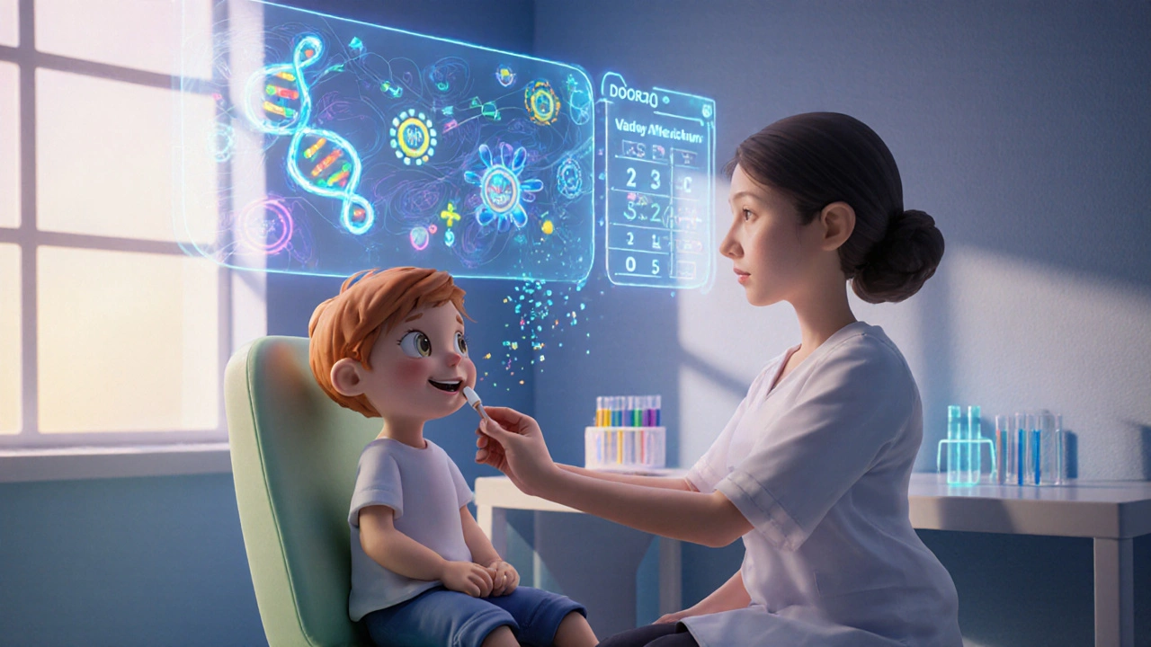 Child getting a cheek swab as holographic DNA and dosage charts float above in clay illustration.