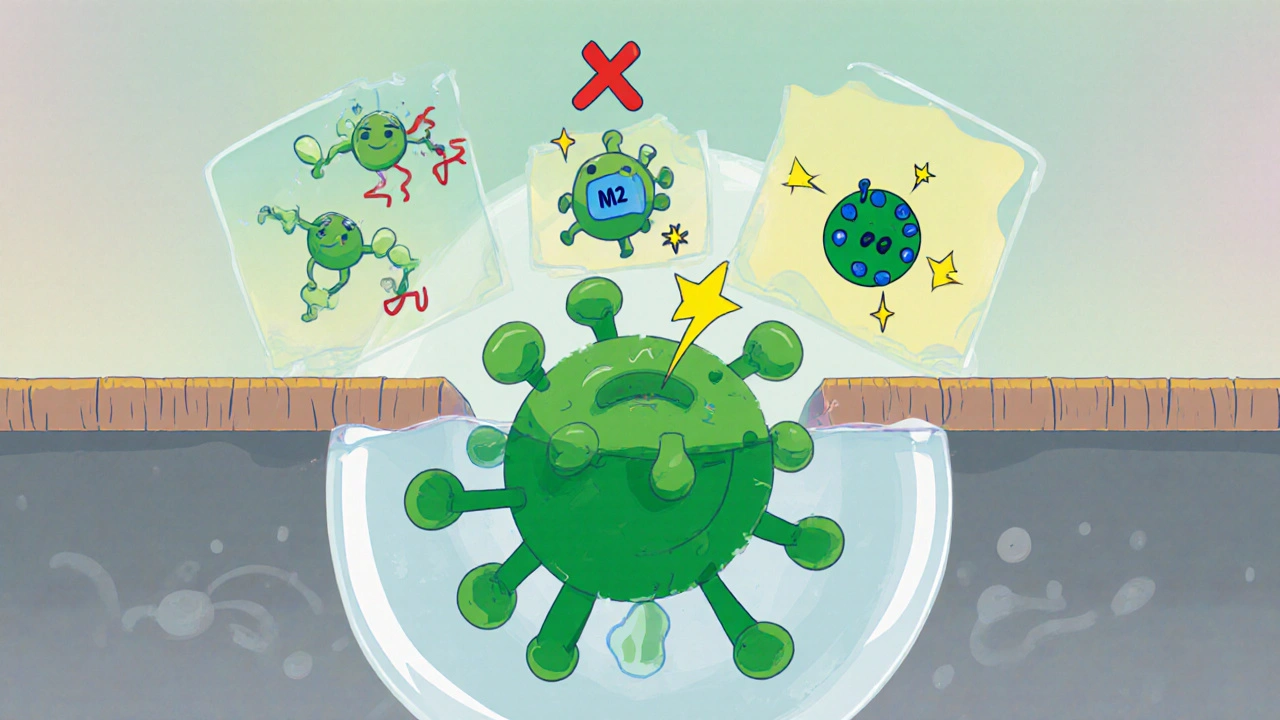 Clay brain scene showing amantadine blocking NMDA receptors, boosting dopamine, and inhibiting flu virus.