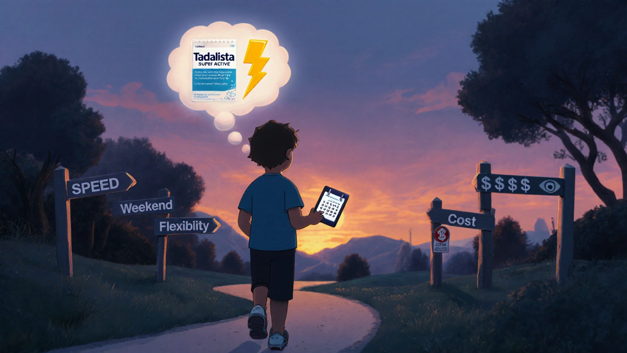 Clay cartoon of a man choosing a pill, with signposts for speed, cost, and flexibility.