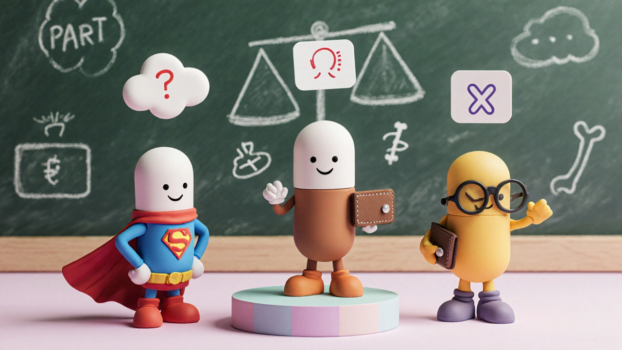 Clay characters representing Pariet, Omeprazole, and Famotidine with price tags and side‑effect icons.