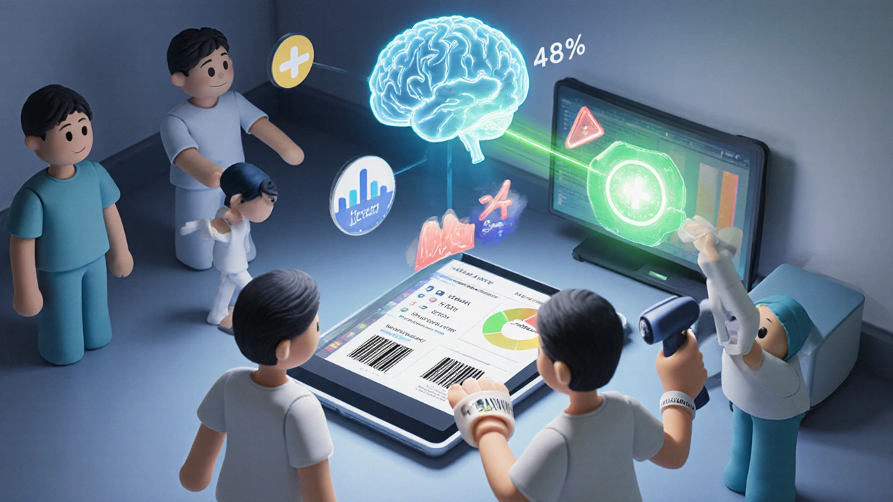 Clay clinicians use tablet EHR alerts, barcode scanner, and AI hologram in a bright clinical bay.