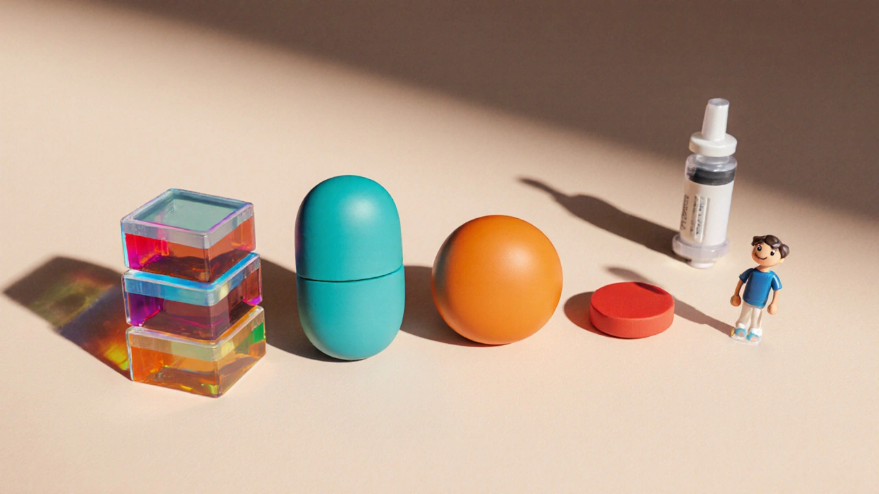 Clay comparison of jelly cubes, tablets, syringe, and vacuum pump representing ED treatments.