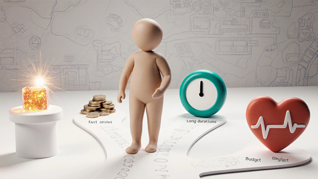 Clay figure at a forked path choosing between jelly, pill, money, and health symbols.