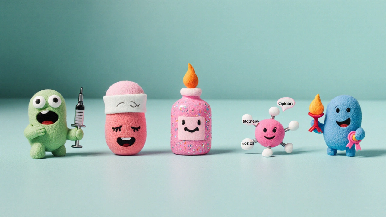 Clay figures representing antibiotics, opioids, chemotherapy, NSAIDs, and SSRIs.