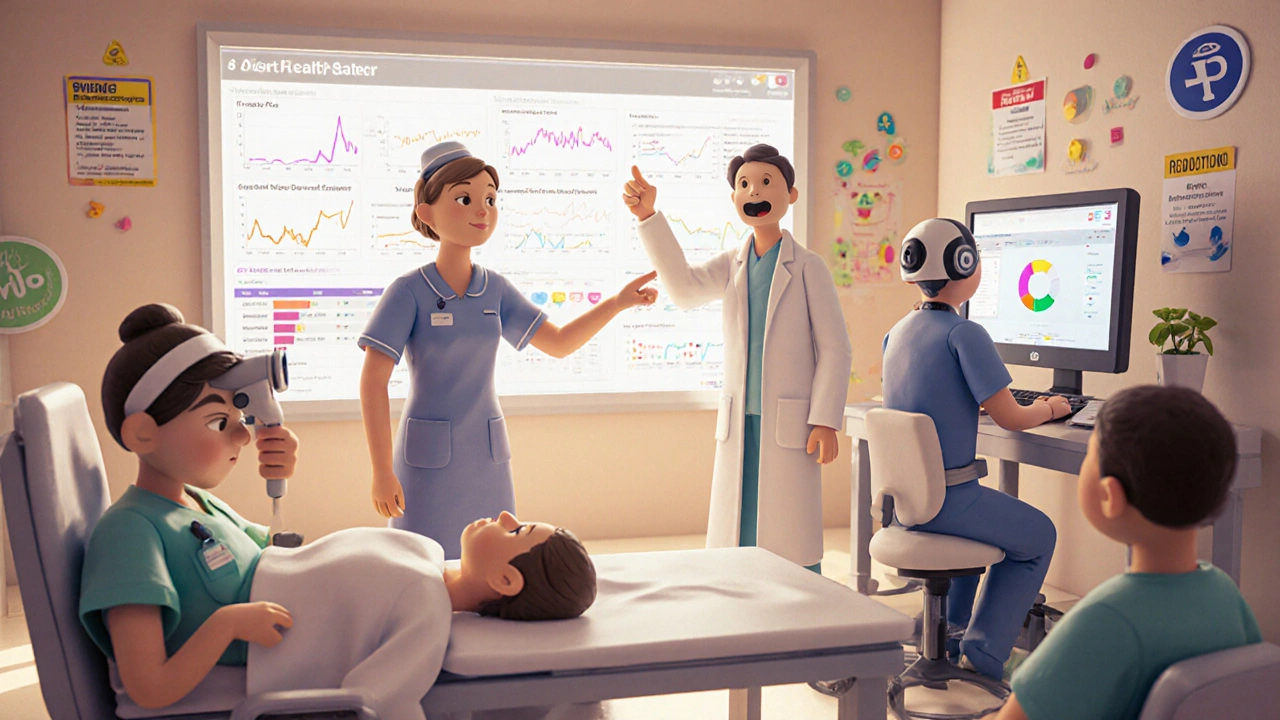Clay healthcare team practices BCMA scanning, reviews safety dashboard, and uses telehealth AI in a training lab.