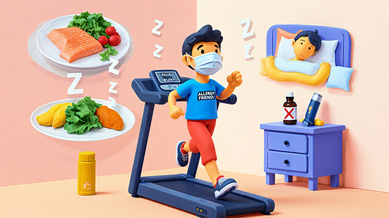 Clay illustration of a person exercising, eating anti‑inflammatory foods, and sleeping well.