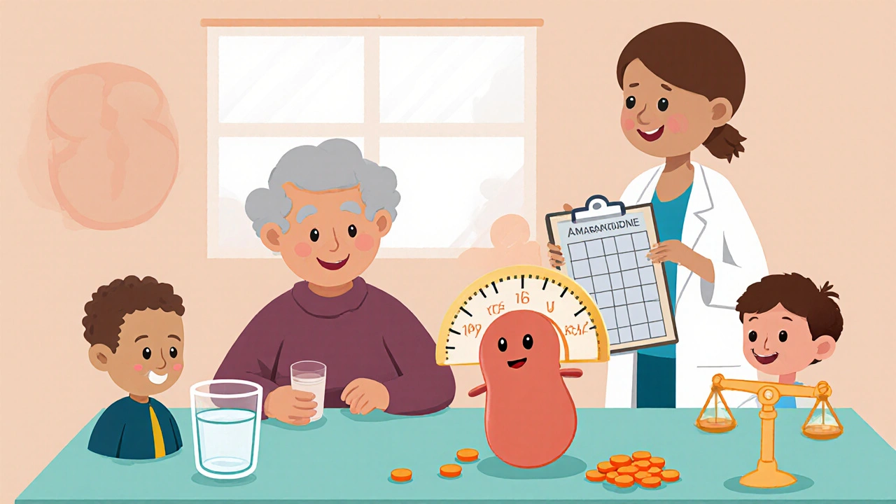 Clay illustration of doctor adjusting amantadine dose for an elderly patient with kidney issues.