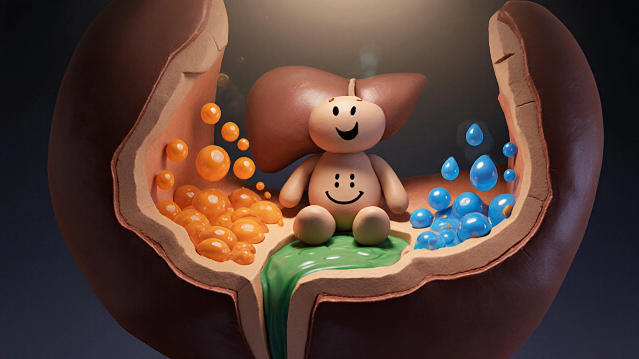Clay liver showing Ursodiol displacing harmful bile acids and activating FXR.