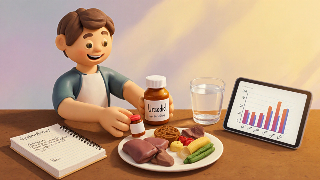 Clay patient taking Ursodiol with food, diary, and liver test chart.