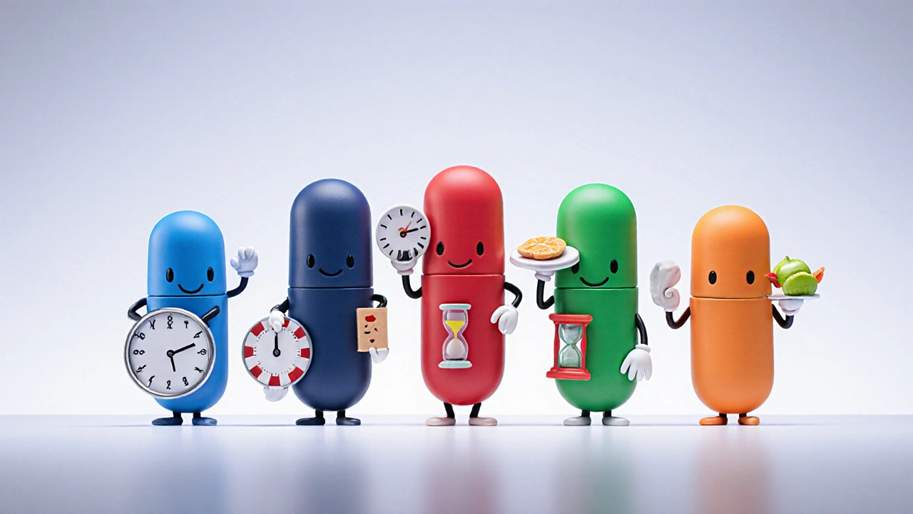 Clay-rendered pill characters for different ED meds with icons for onset, duration, food impact, and side effects.