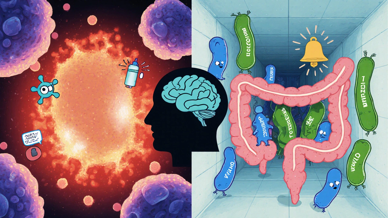 Clay split‑screen showing inflamed fat cells, insulin resistance, and imbalanced gut bacteria.