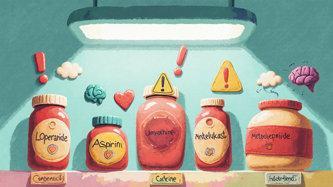Clay‑style pharmacy shelf with labeled jars of risky pediatric drugs and warning icons.