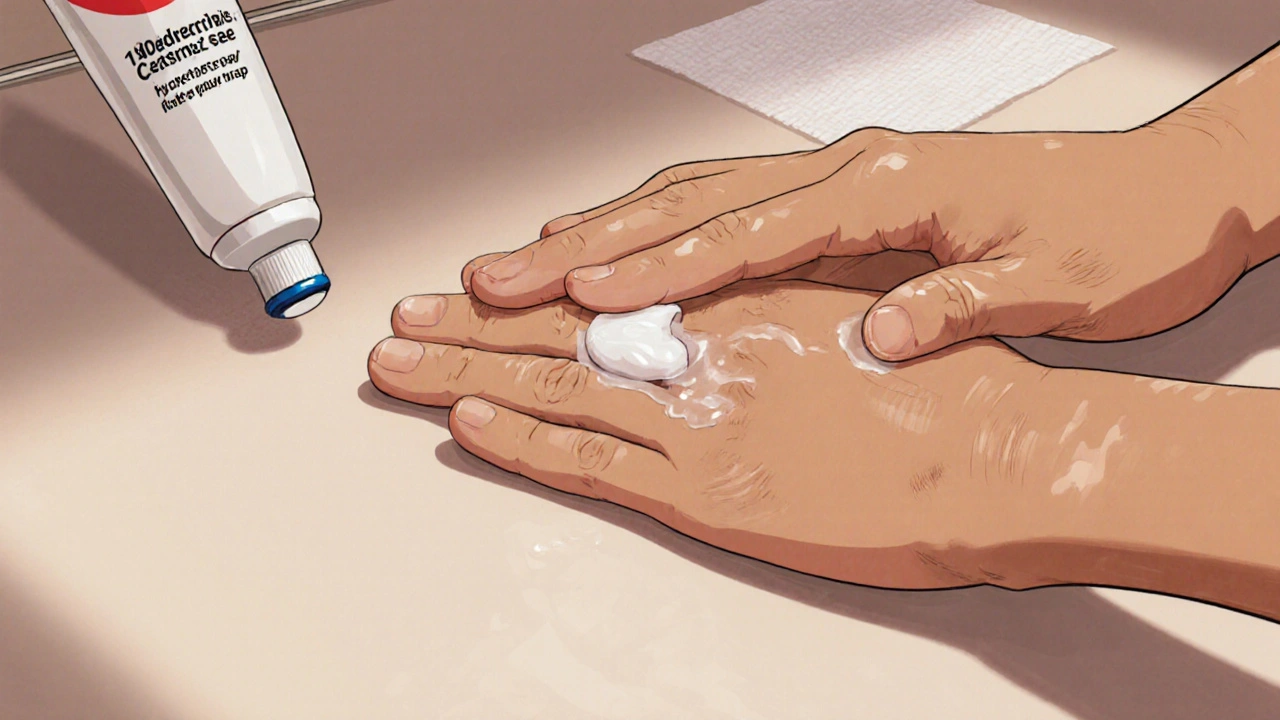 Close‑up of hands washing, patting skin, and applying a pea‑sized amount of hydrocortisone cream.
