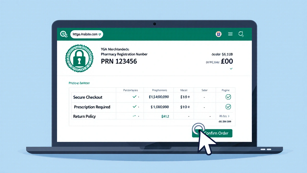 Closeâup of online pharmacy checkout page showing security icons and checklist.