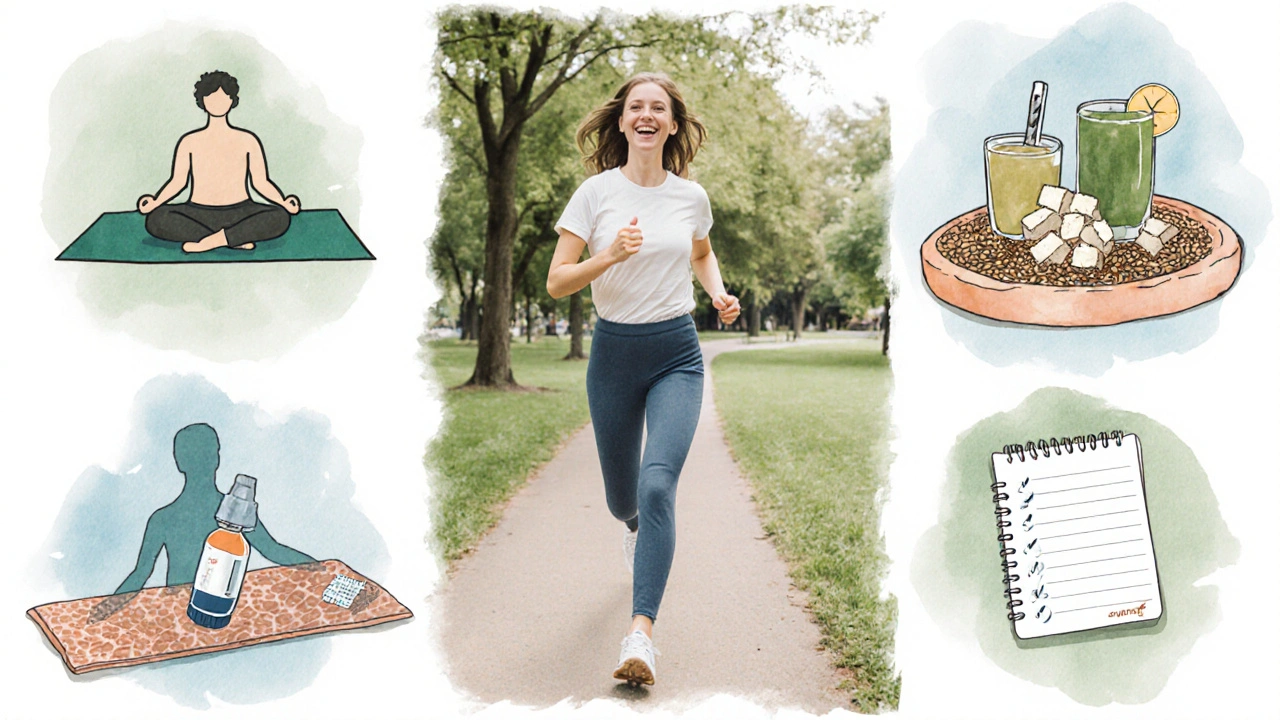 Collage of menopause relief actions: walking, yoga, soy foods, hormone patch, lubricant.