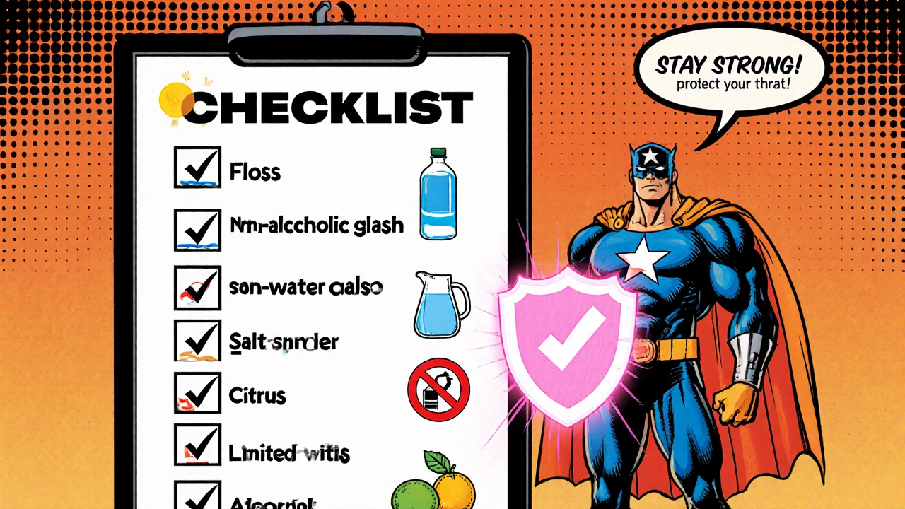 Comic hero with checklist icons for healthy throat habits.