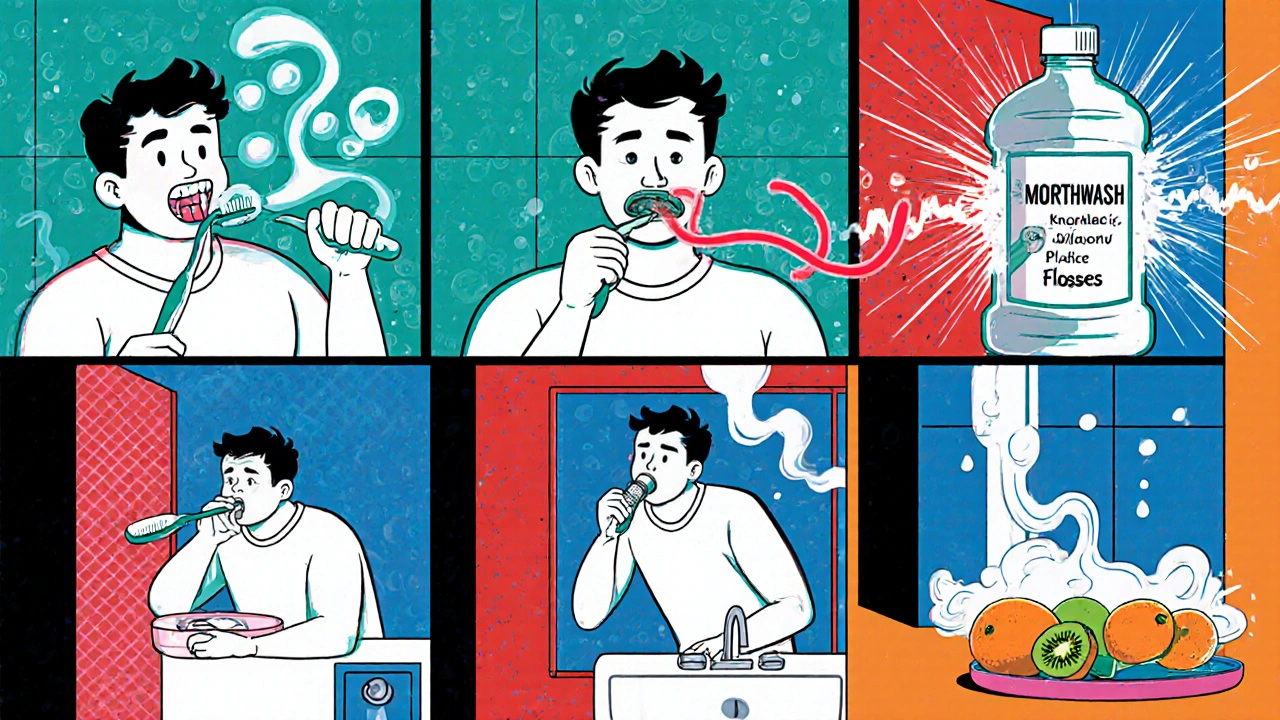 Comic panels of brushing, flossing, mouthwash, gargling, and drinking water.