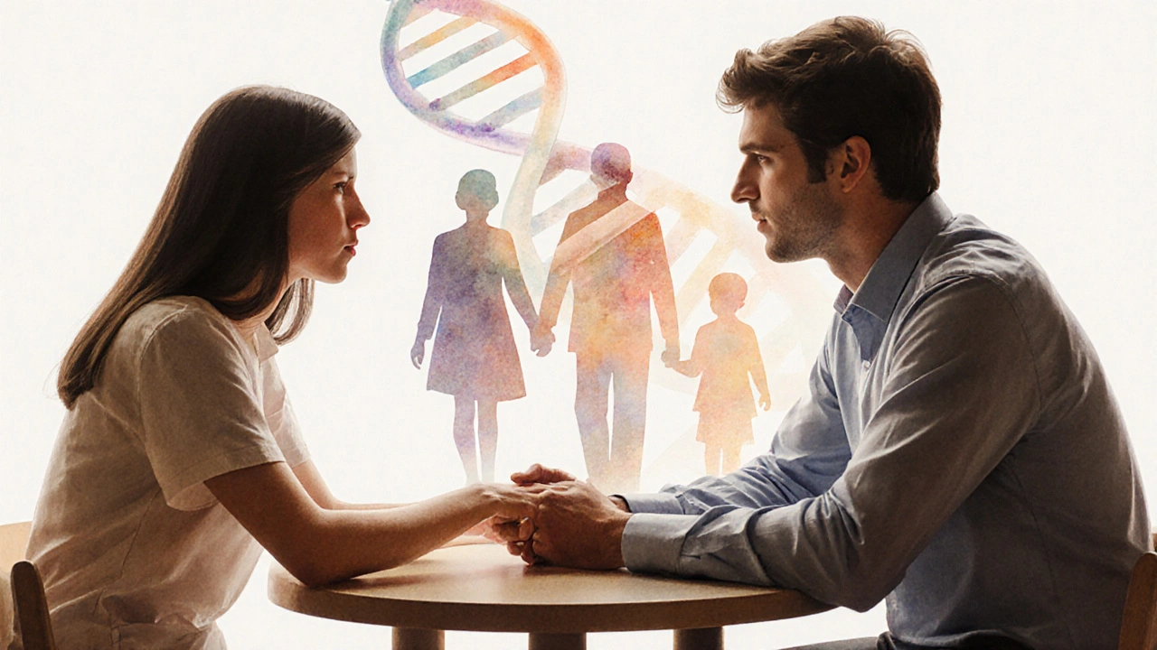 Counseling session with couple, baby, and subtle DNA strand indicating inheritance.