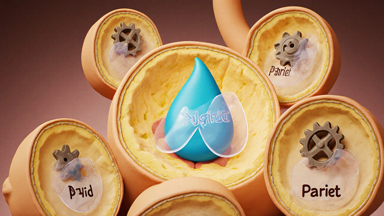 Cross‑section of a clay stomach showing parietal cells with pumps blocked by Pariet.