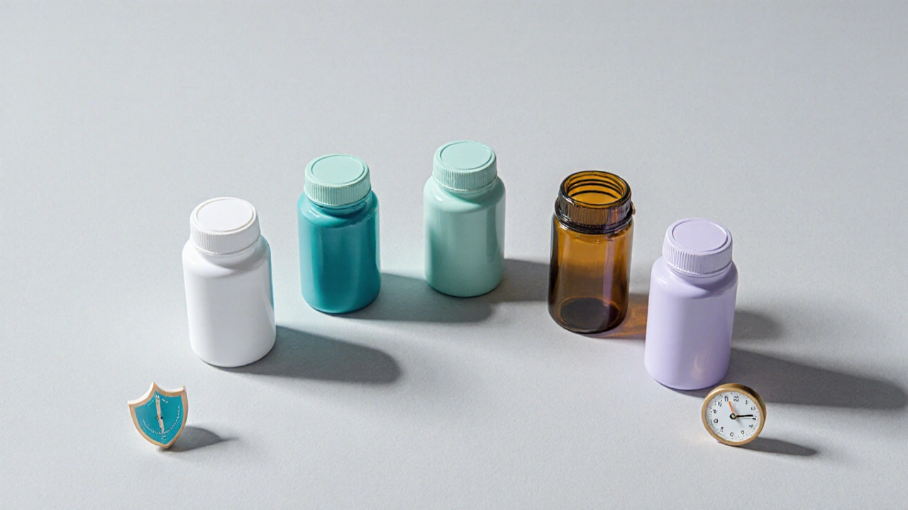 Flat lay of five colored medication bottles with symbolic props indicating different diuretic characteristics.