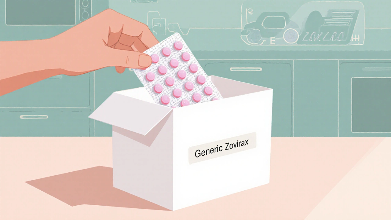 Hand opening a discreet box revealing generic Zovirax tablets inside.