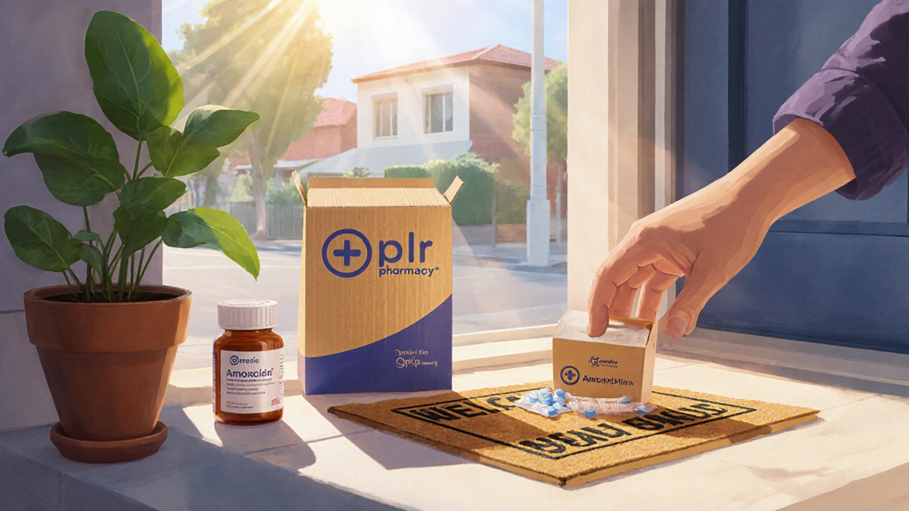 Hand receiving a discreetly packaged bottle of generic amoxicillin at a home doorstep.
