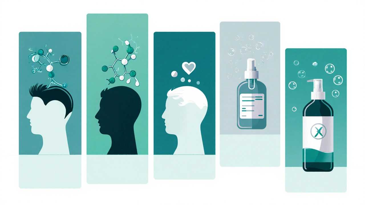 Illustrated split-screen of five hair‑loss medications with their distinct forms.