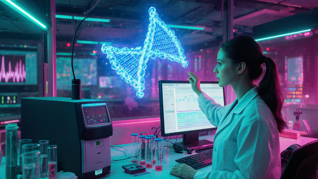 Lab scene with scientist viewing glowing DNA helix and EEG monitor.