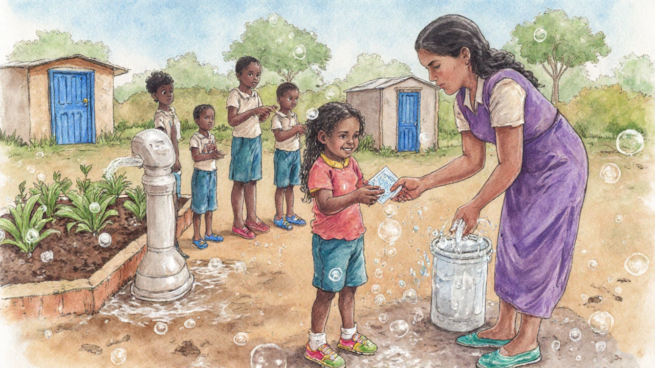 Parents and children practicing hand-washing and wearing shoes while receiving deworming medicine.