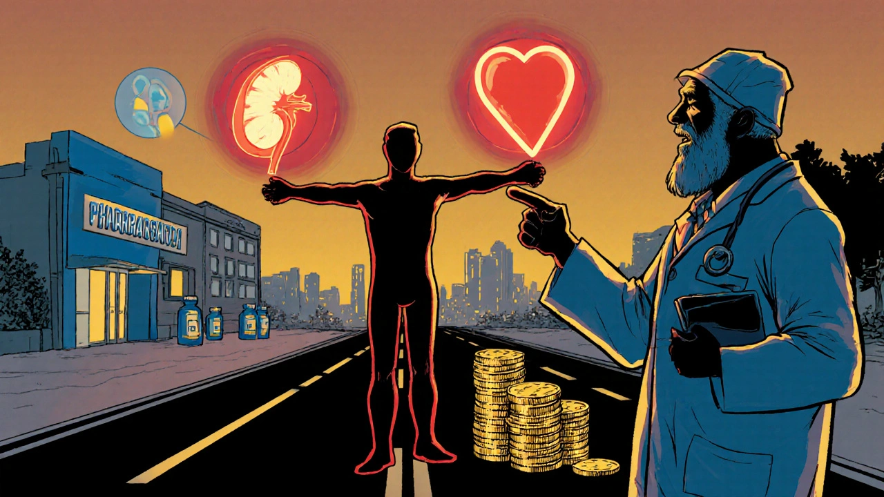 Patient at a crossroads weighing kidney, heart, and cost icons with doctor guidance.