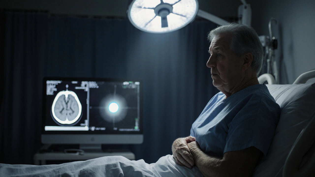 Patient in hospital clutching abdomen, looking urgent, with blurred brain MRI hinting at swelling.