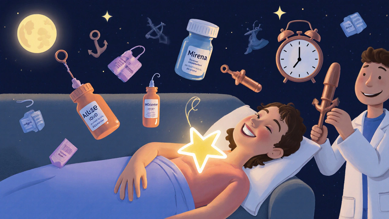 Person with glowing IUD inside body, surrounded by discarded pill bottles under moonlight