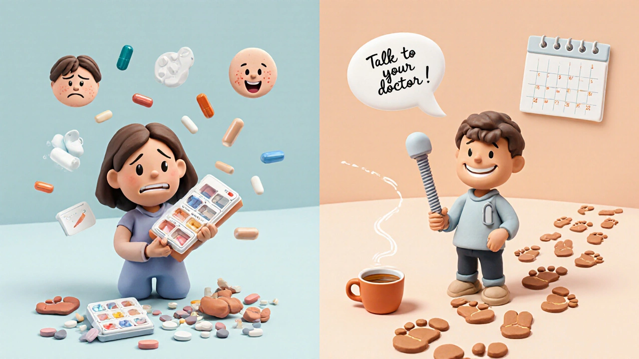 Split scene: person stressed with missed pills vs. calm with implant, clay footprints leading to peace