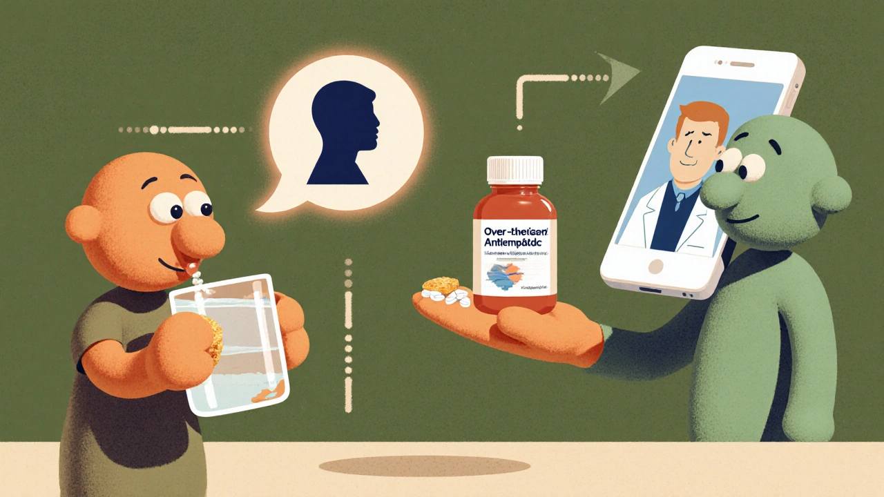 Step‑by‑step scene of hydration, snack, antiemetic, and doctor consultation.