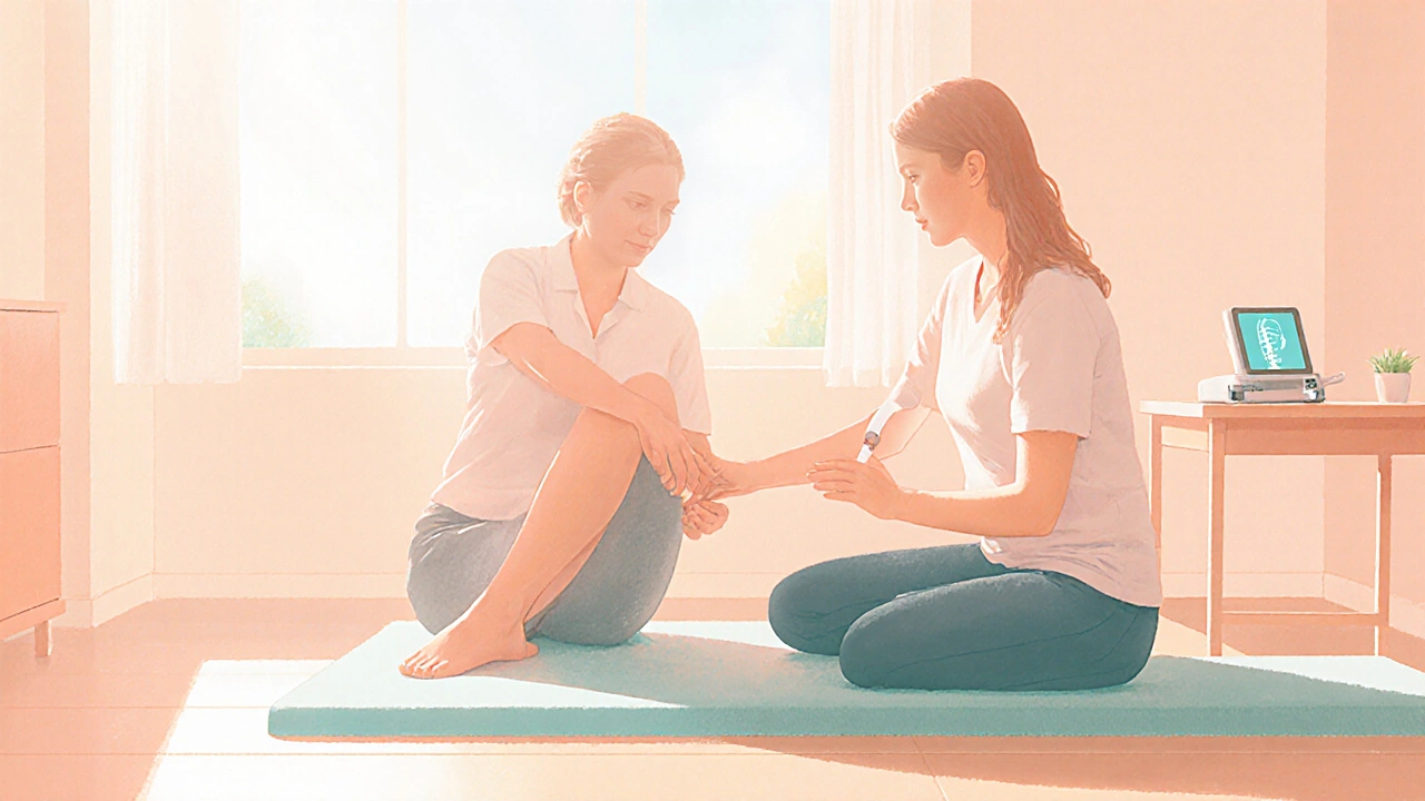 Therapist assisting patient with pelvic‑floor exercises beside a sacral nerve stimulator device.