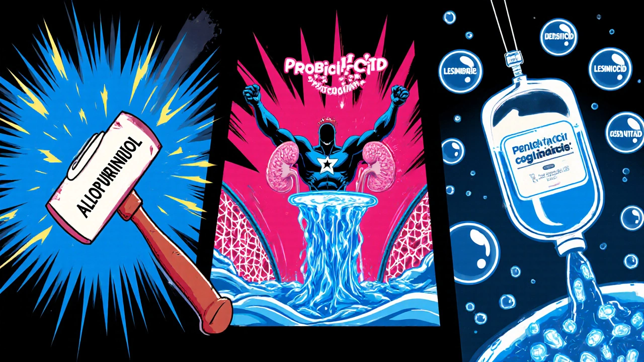 Three comic panels showing drug mechanisms: enzyme block, kidney filtration, IV pegloctase.