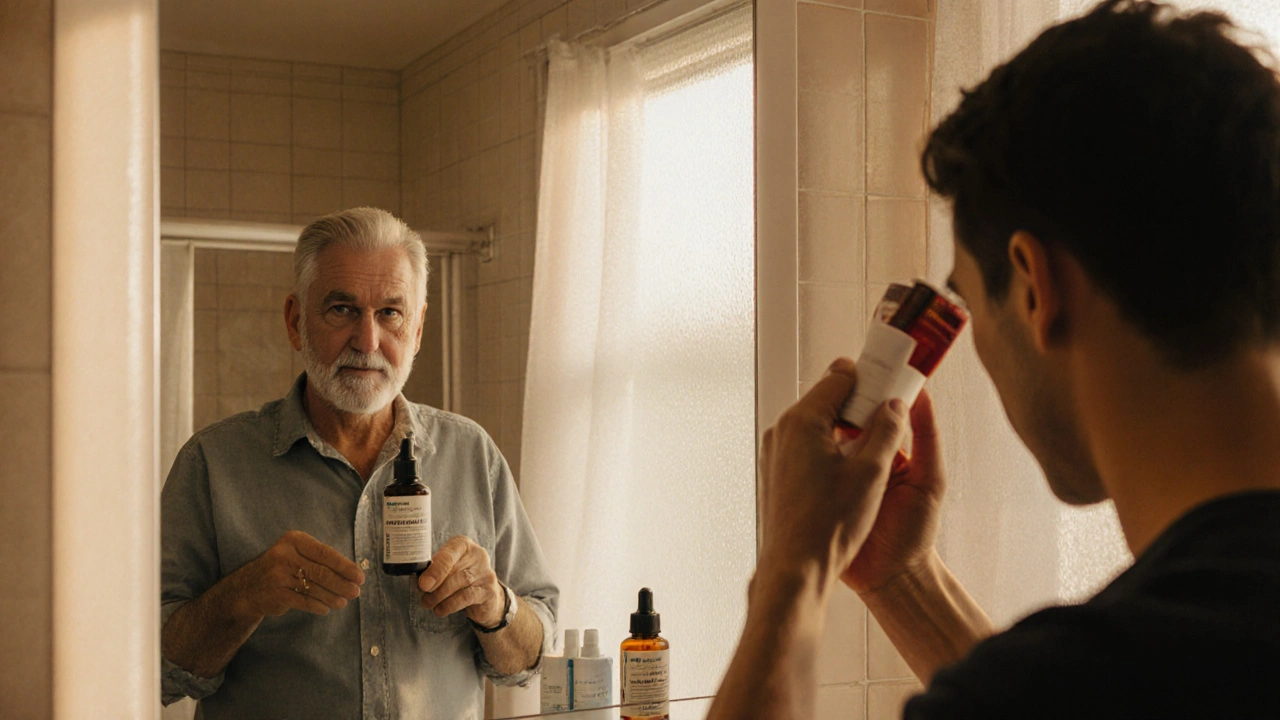 Two men in a bathroom, one holding dutasteride bottle, the other applying minoxidil.