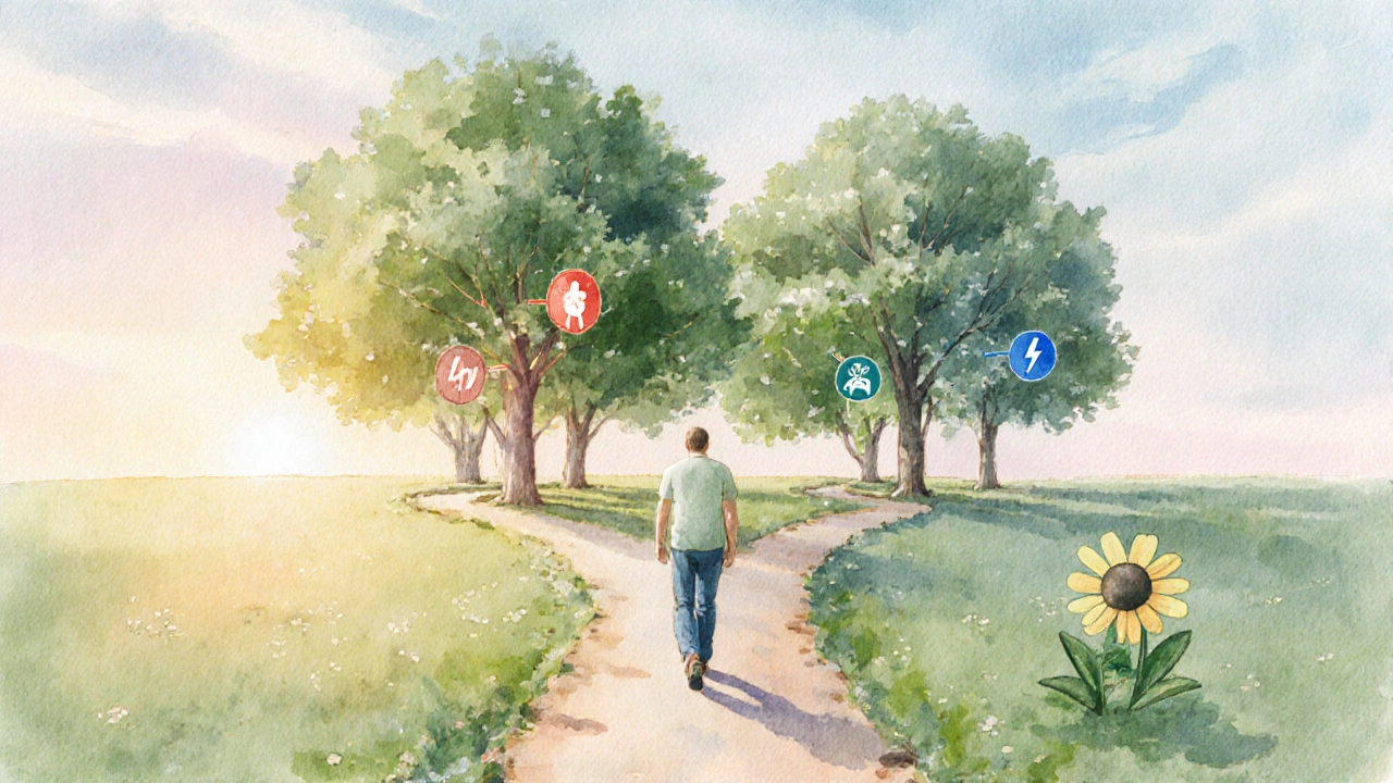 Watercolor garden scene with two diverging paths representing choices between diuretic options.