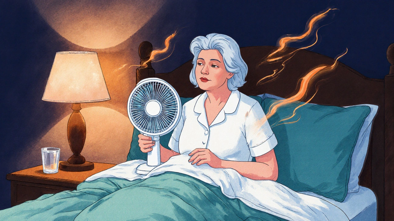 Woman in bed experiencing a hot flash, holding fan and water glass at night.