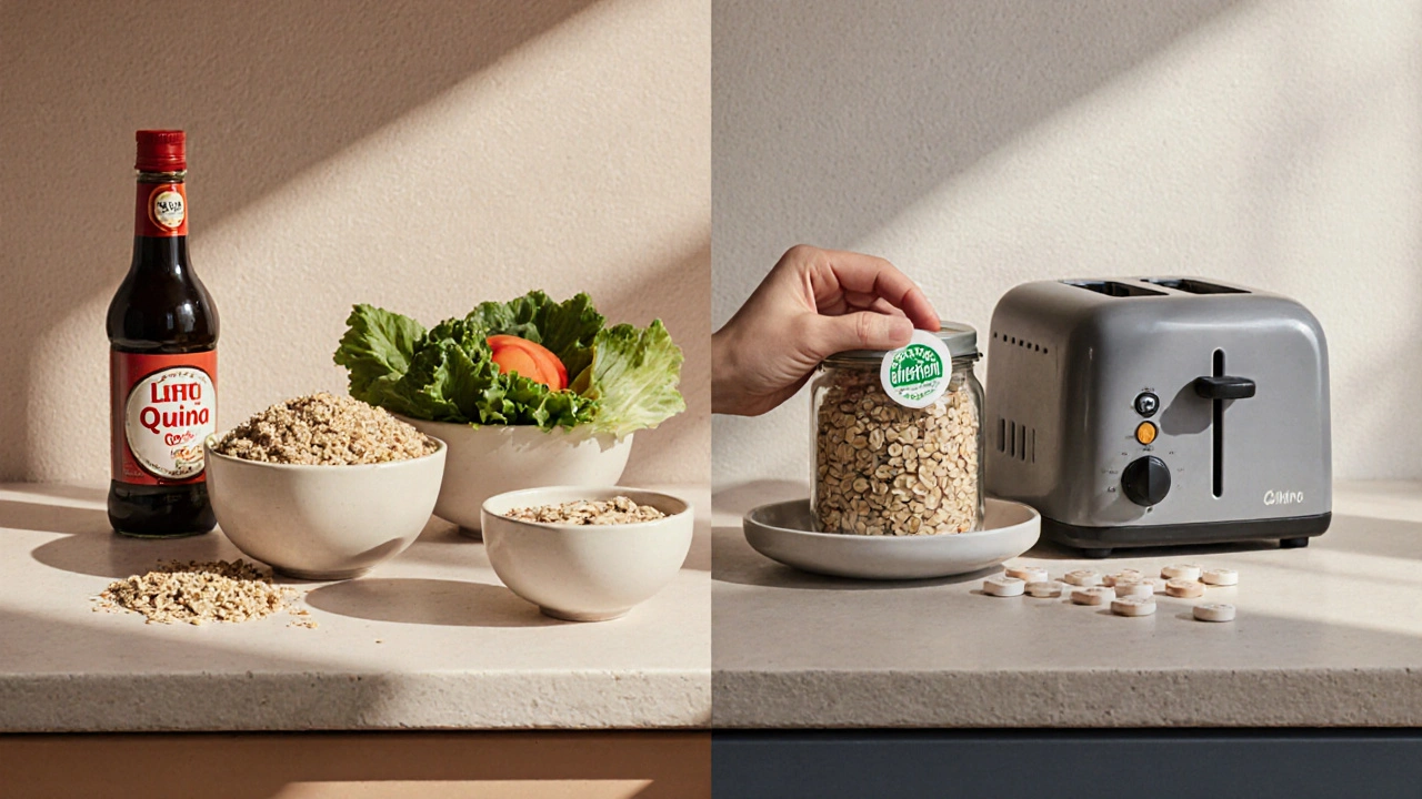 A kitchen counter showing gluten-free foods on one side and hidden gluten sources on the other, with a certification sticker being applied.
