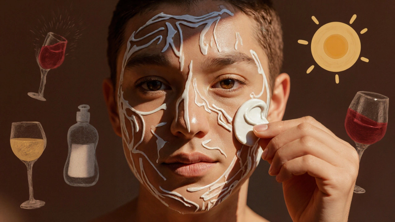 A person applying rosacea medication and sunscreen in a gentle morning routine, with triggers fading in the background.