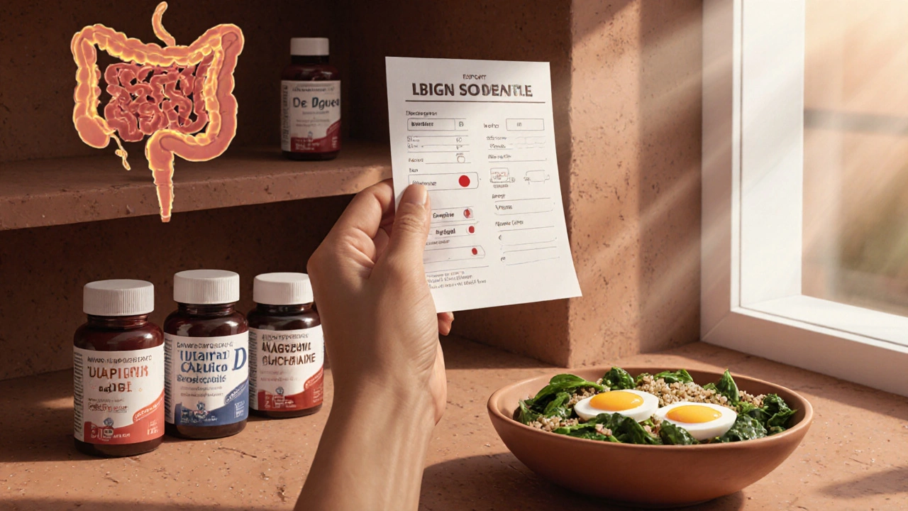 A person holding a blood test with supplements nearby, a healing intestine glowing in the background under sunlight.