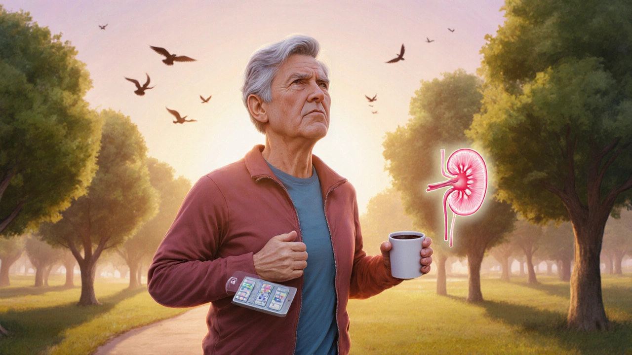 A person jogging in a park with a pill organizer, symbolizing life after kidney transplant.