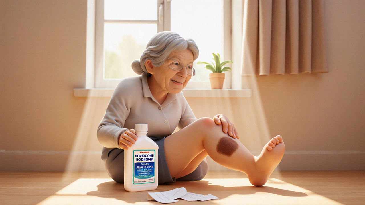 A woman smiling at her healed leg, holding a povidone-iodine bottle beside her antibiotic prescription.